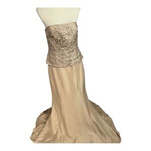 Jovani Beaded Evening Gown Beige Neutral MOB Floor Length Dress Ornate Occasion